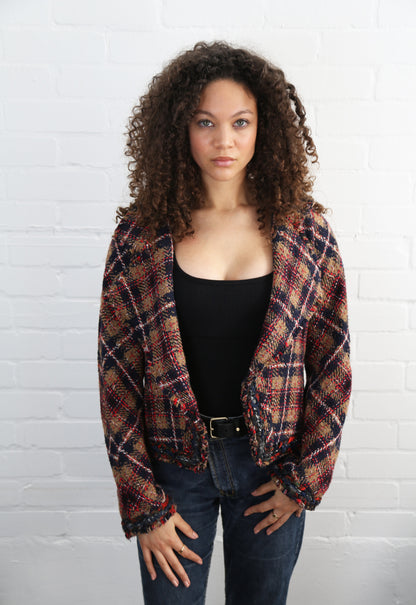 Tweed Jacket Plaid Pattern Brown Multi