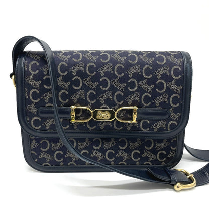 CELINE Shoulder Bag Canvas / leather Navy Macadam Carriage Metal Shoulder Bag Women Secondhand