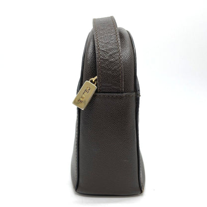 CELINE Shoulder Bag leather Dark brown x gold Metal logo Metal Pochette Women Secondhand