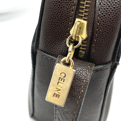 CELINE Shoulder Bag leather Dark brown x gold Metal logo Metal Pochette Women Secondhand