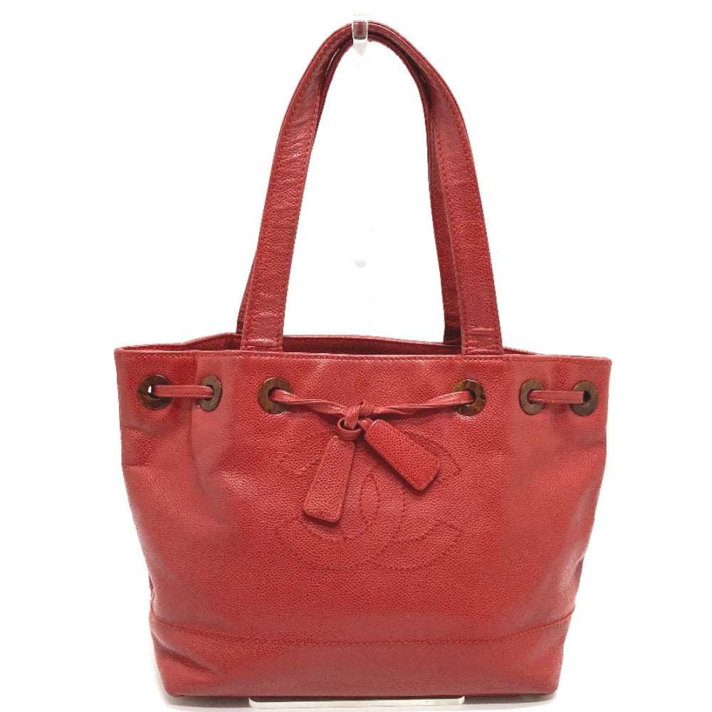 CHANEL Tote Bag Caviar skin Red CC COCO Mark Wood-like drawstring type Women Used