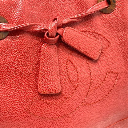 CHANEL Tote Bag Caviar skin Red CC COCO Mark Wood-like drawstring type Women Used