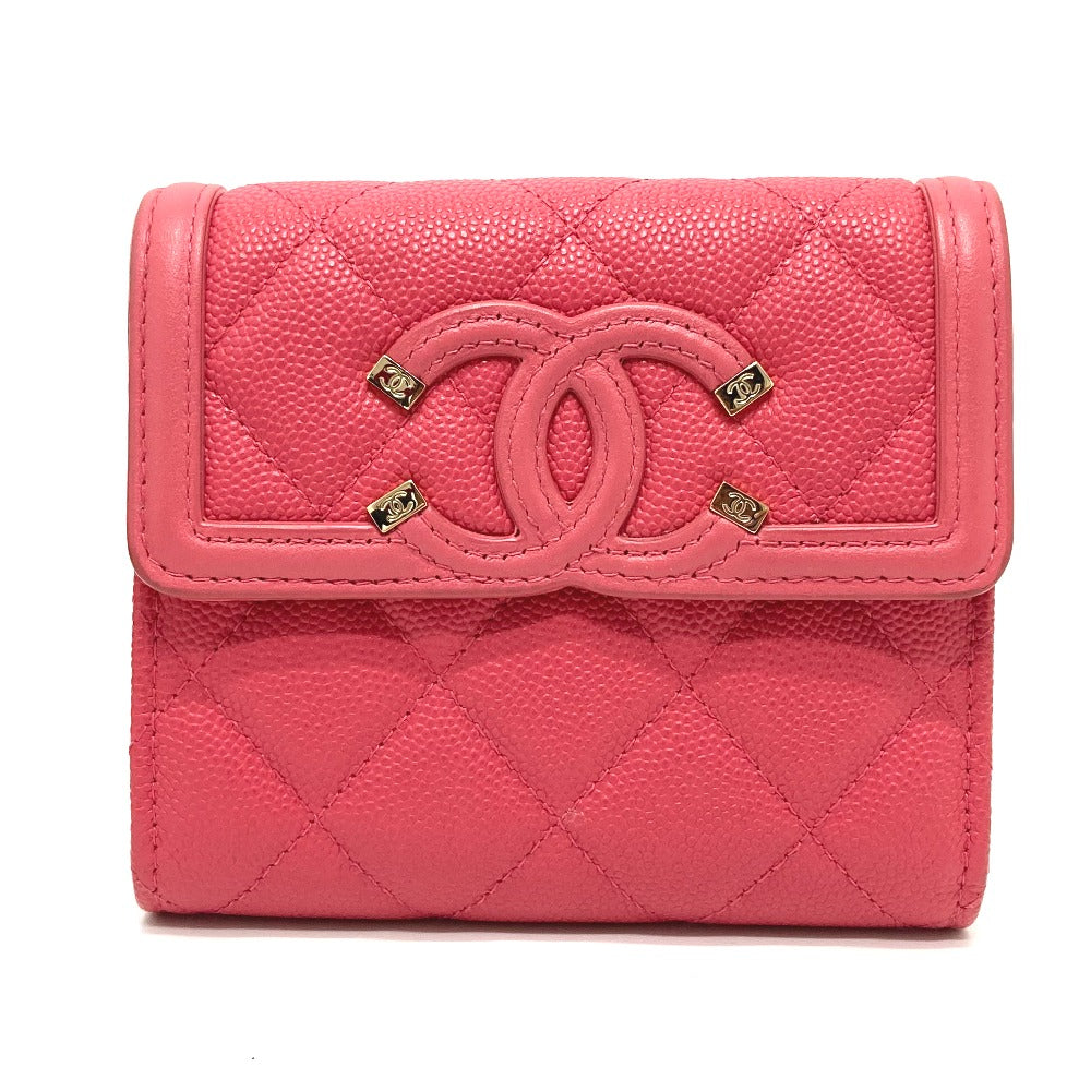 CHANEL Trifold wallet AP0375 Caviar skin Pink type CC filigree Matrasse Women Used