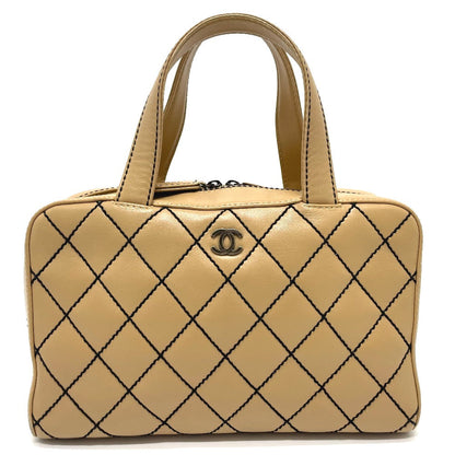 CHANEL Handbag lambskin beige CC COCO Mark Wild stitch Women Used