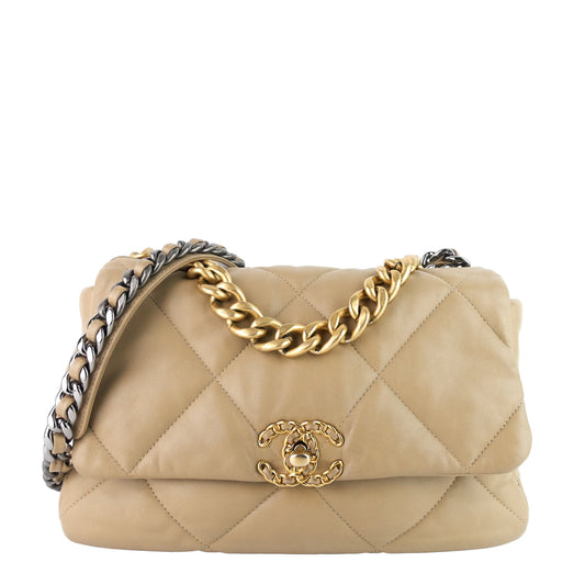19 Large Quilted Lambskin Leather Flap Bag