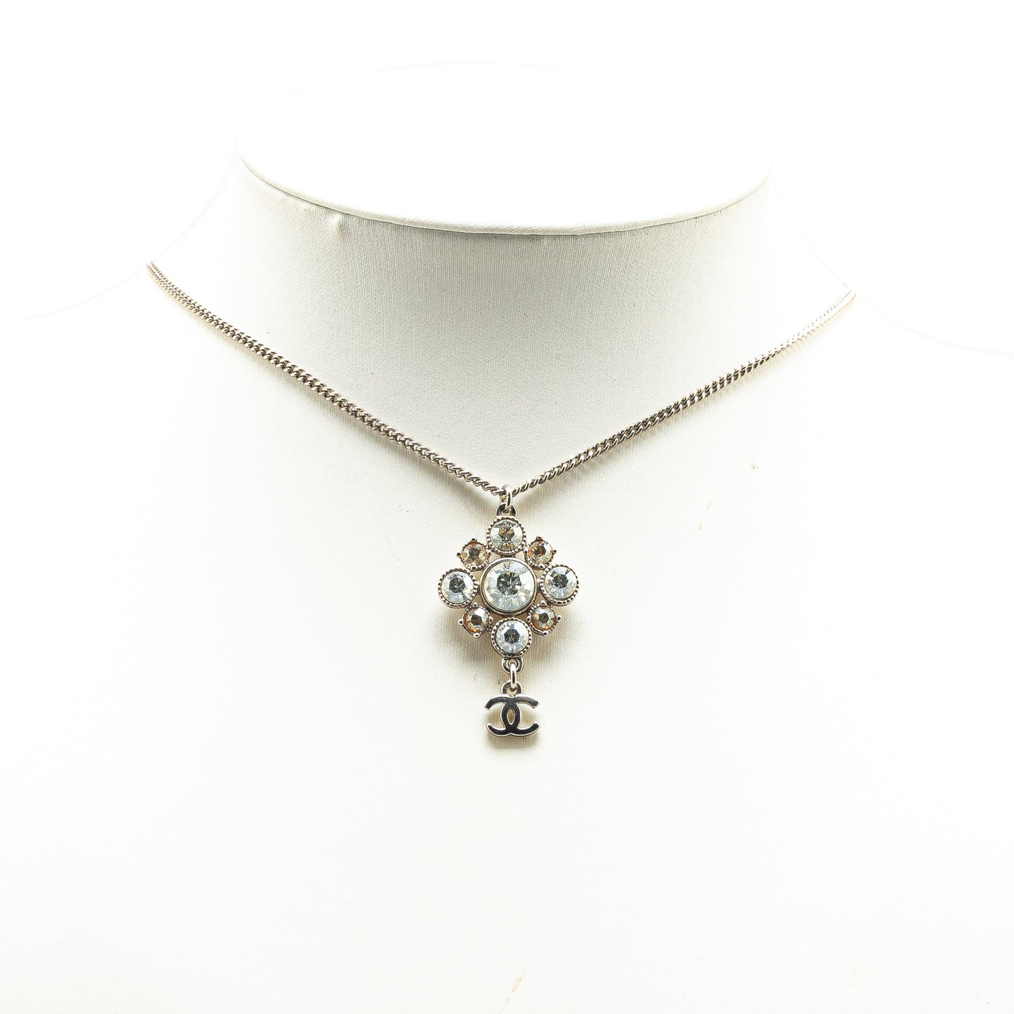 Silver Chanel Palladium Plated CC Crystal Pendant Necklace