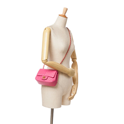 Pink Chanel Mini Square Classic Chevron Lambskin Flap Crossbody Bag
