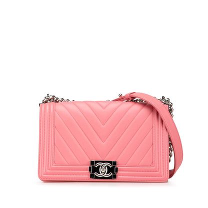 Pink Chanel Medium Chevron Lambskin Boy Flap Crossbody Bag