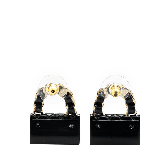 Black Chanel Resin Quilted Lambskin CC Turnlock Chain Flap Push Back Earrings