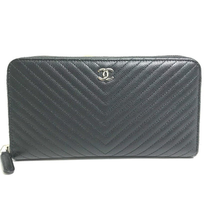 CHANEL Long Wallet Purse A50097 Caviar skin black CC COCO Mark Vstitch quilting Women Used