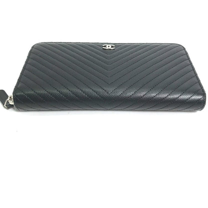 CHANEL Long Wallet Purse A50097 Caviar skin black CC COCO Mark Vstitch quilting Women Used