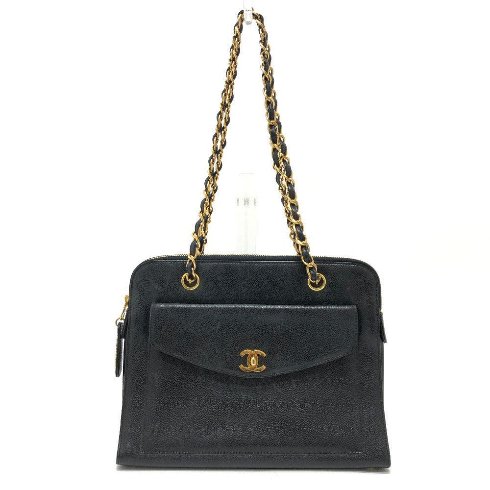 CHANEL Shoulder Bag Caviar skin black vintage COCO Mark CC Women Used