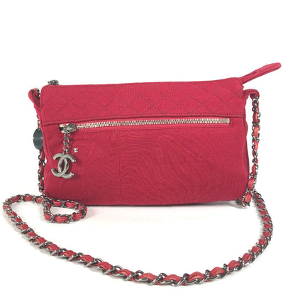 CHANEL Shoulder Bag cotton Red Pochette CC COCO Mark Matelasse Quilting Women Used