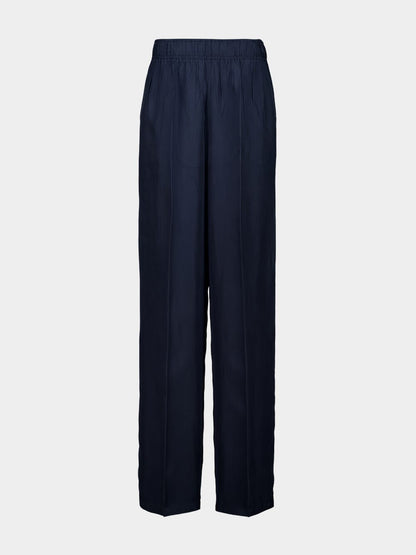 Navy Blue Straight-Fit Silk Pants