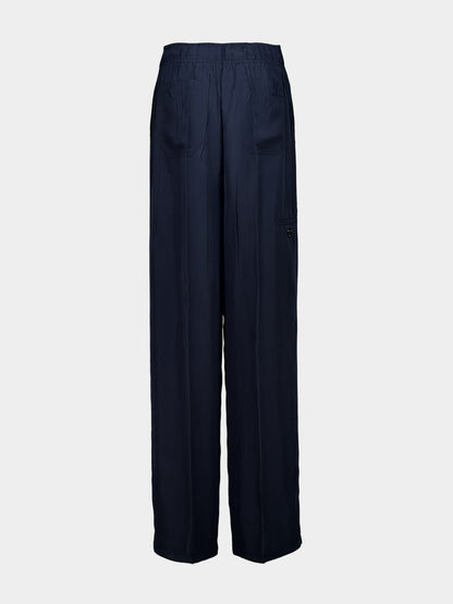 Navy Blue Straight-Fit Silk Pants