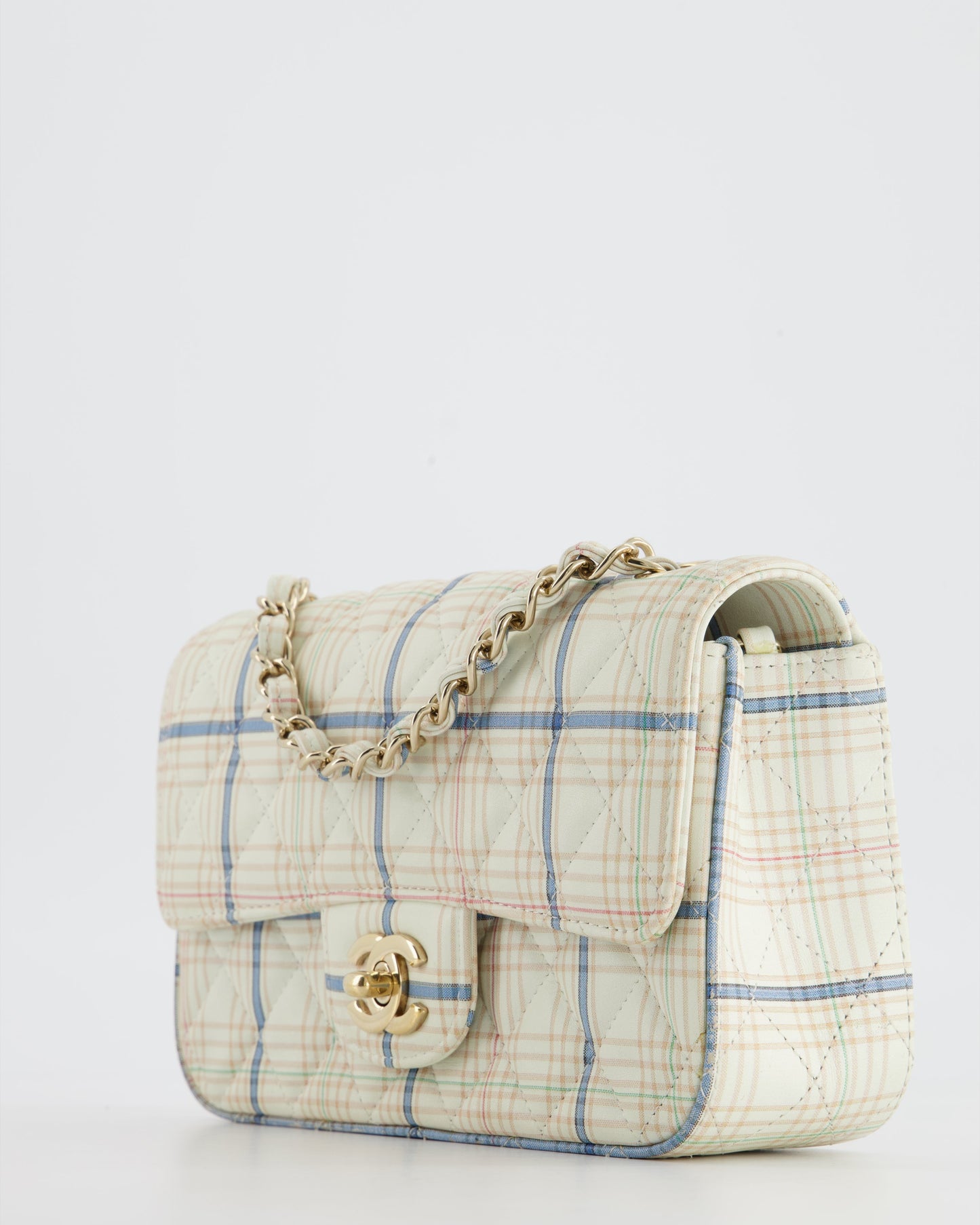 Chanel White Checked Lambskin Mini Flap Bag with Champagne Gold Hardware