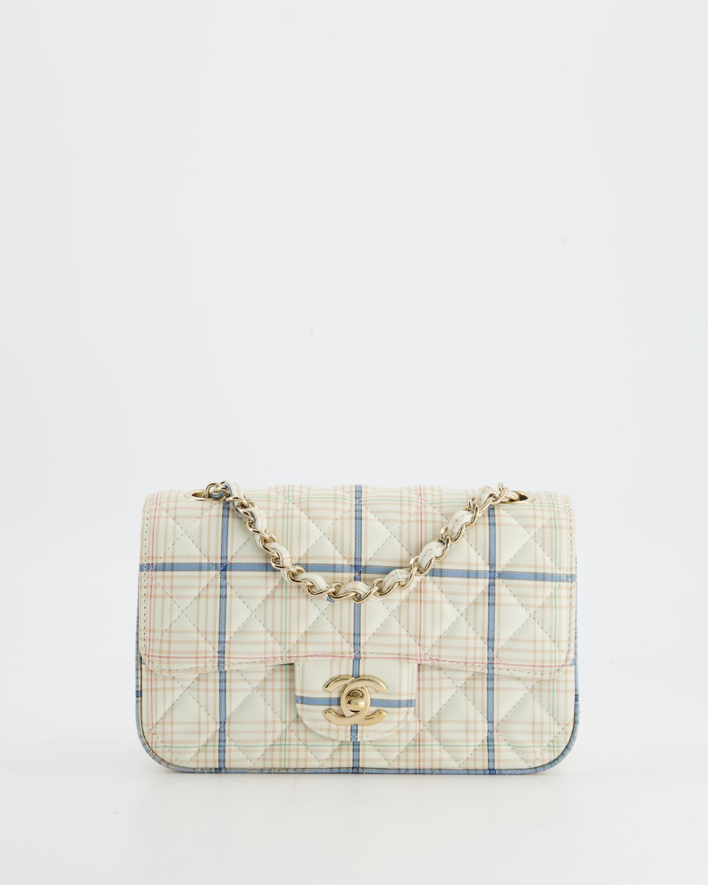 Chanel White Checked Lambskin Mini Flap Bag with Champagne Gold Hardware