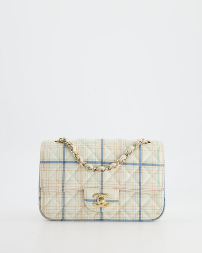 Chanel White Checked Lambskin Mini Flap Bag with Champagne Gold Hardware