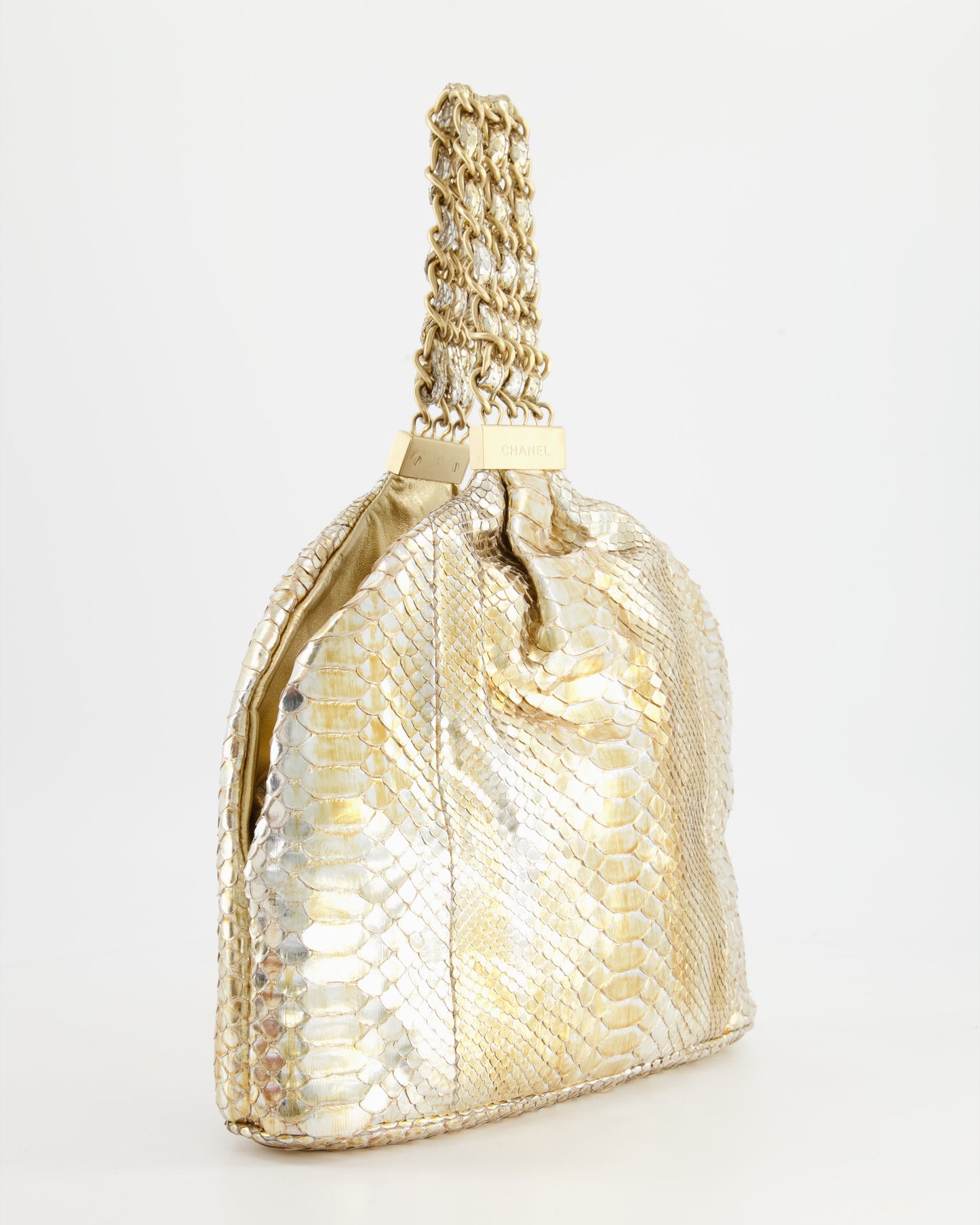 Chanel Vintage Limited Edition Gold Metallic Python Top Handle Bag