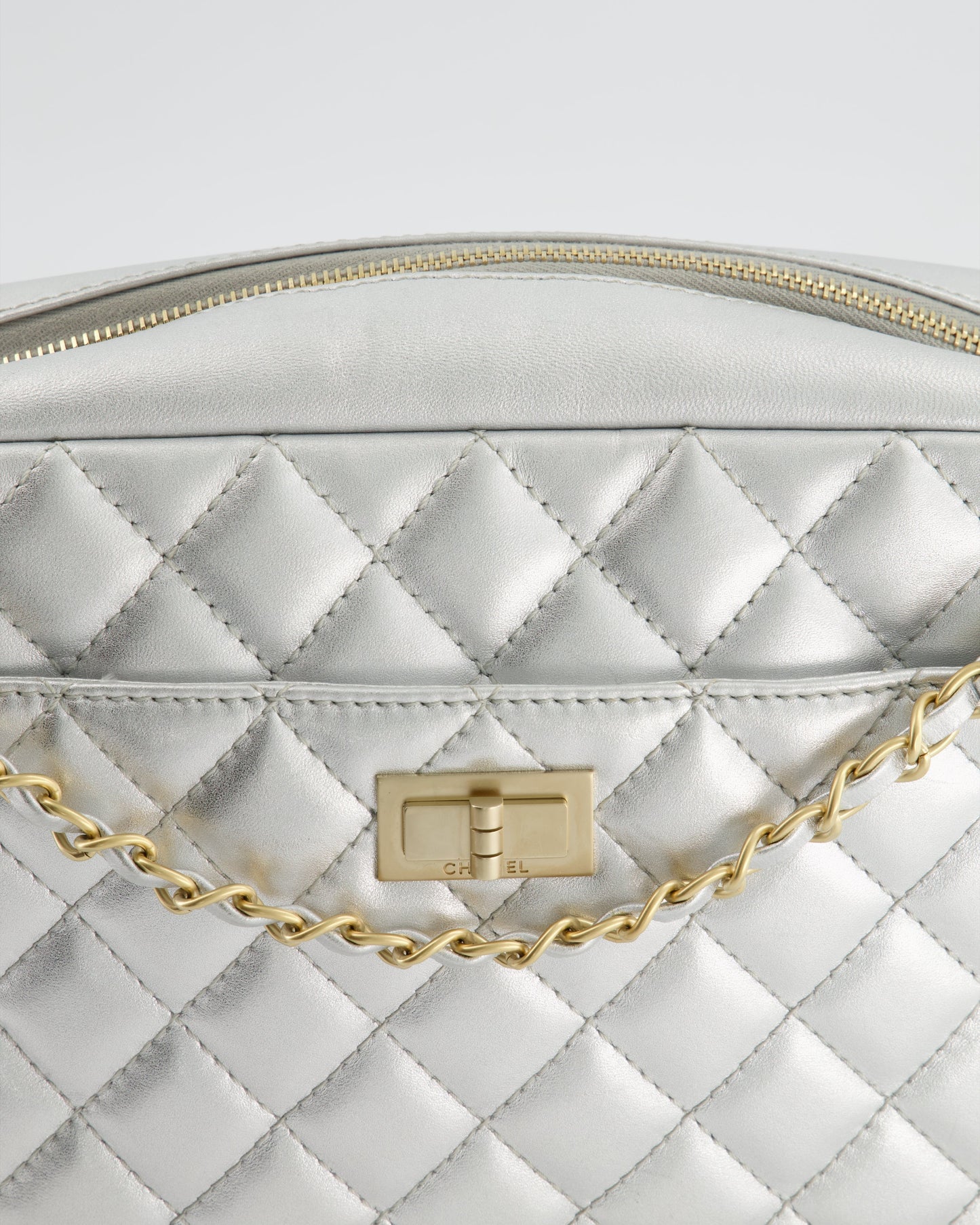 Chanel Metallic Silver Camera Bag in Lambskin With Brushed Gold Hardware