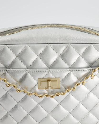 Chanel Metallic Silver Camera Bag in Lambskin With Brushed Gold Hardware