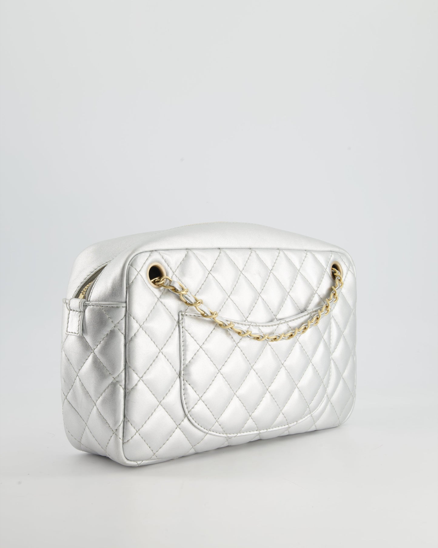Chanel Metallic Silver Camera Bag in Lambskin With Brushed Gold Hardware
