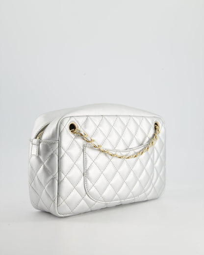 Chanel Metallic Silver Camera Bag in Lambskin With Brushed Gold Hardware