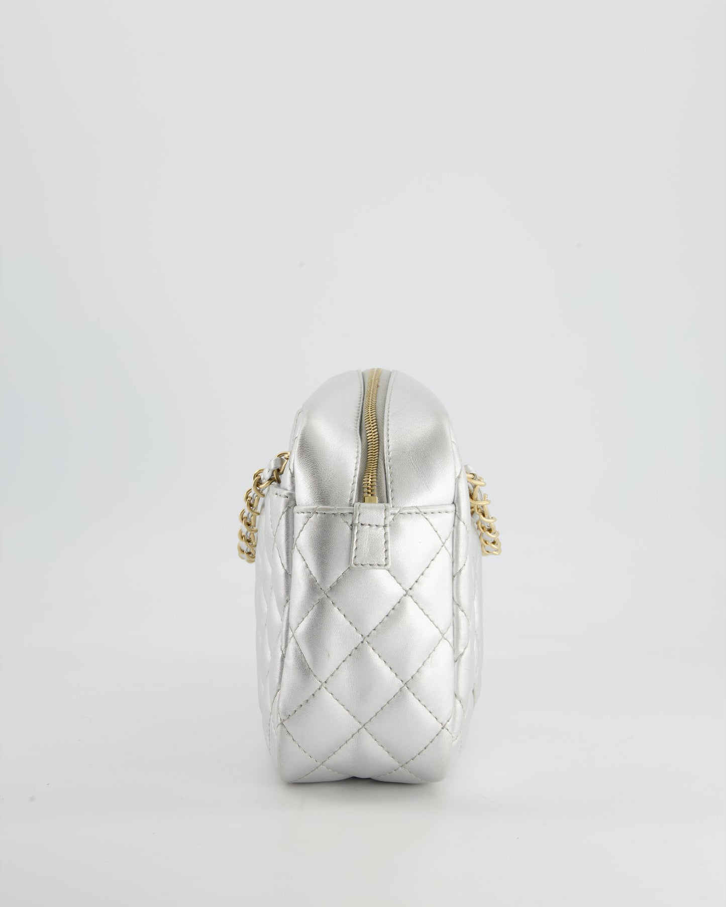 Chanel Metallic Silver Camera Bag in Lambskin With Brushed Gold Hardware
