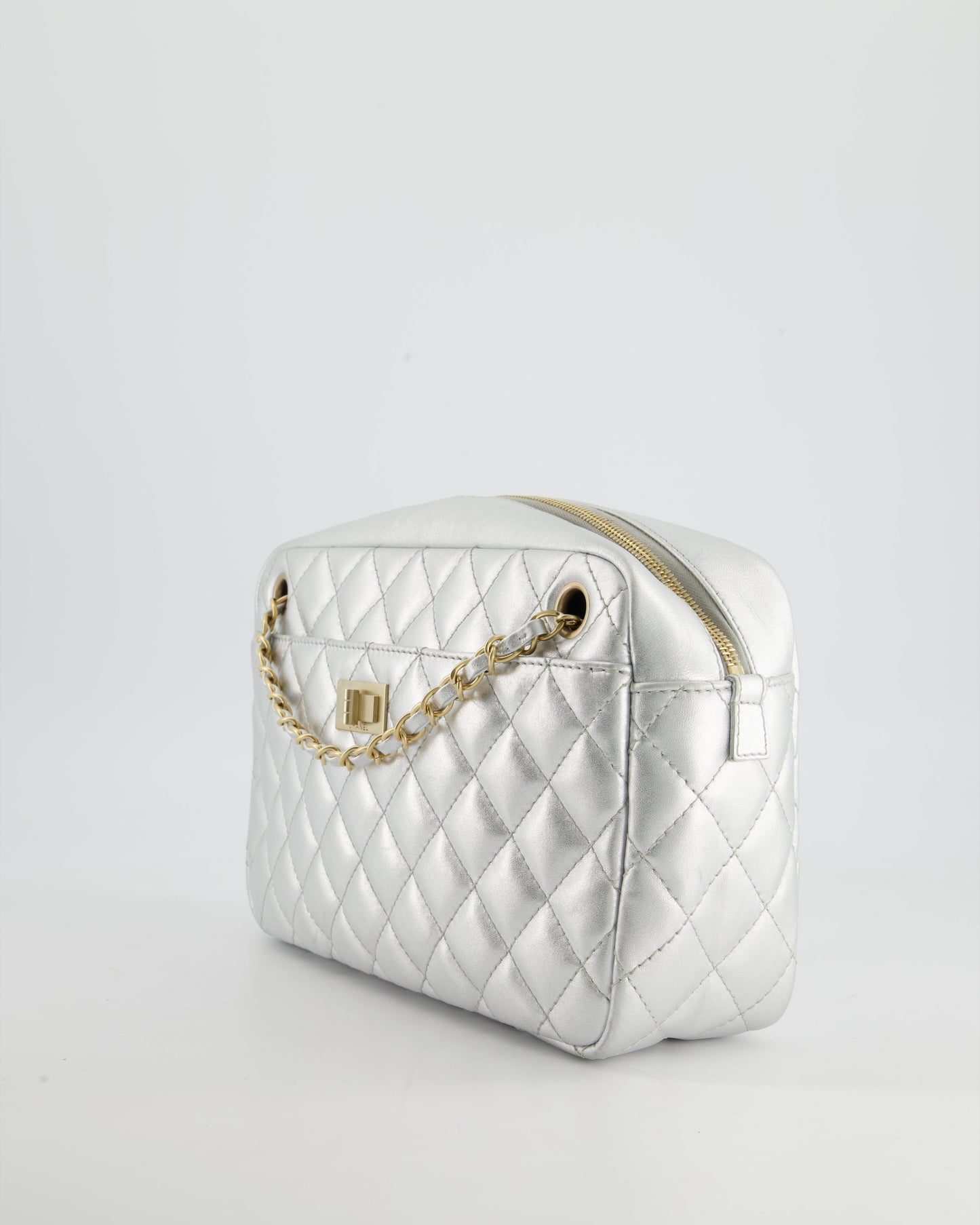 Chanel Metallic Silver Camera Bag in Lambskin With Brushed Gold Hardware