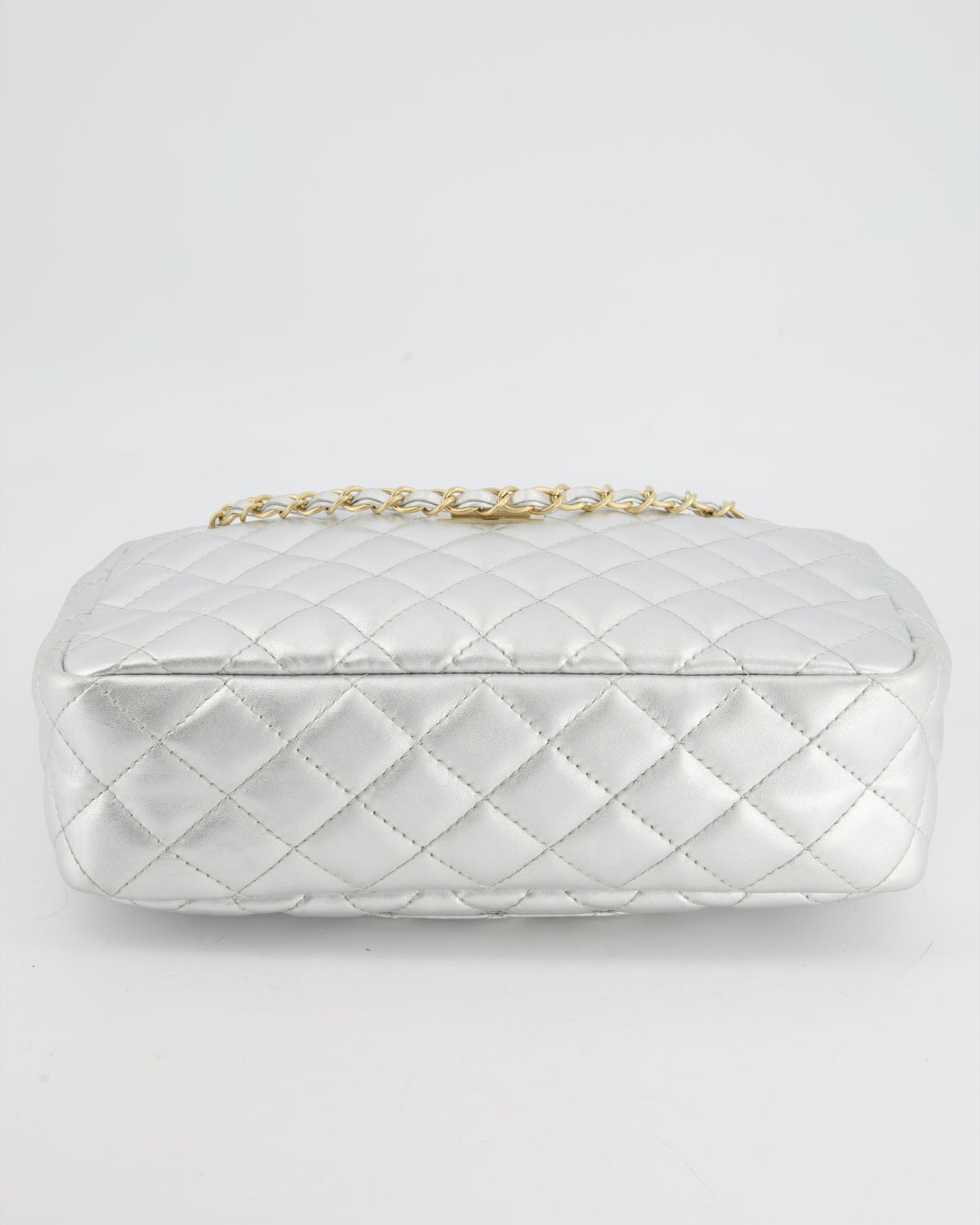 Chanel Metallic Silver Camera Bag in Lambskin With Brushed Gold Hardware