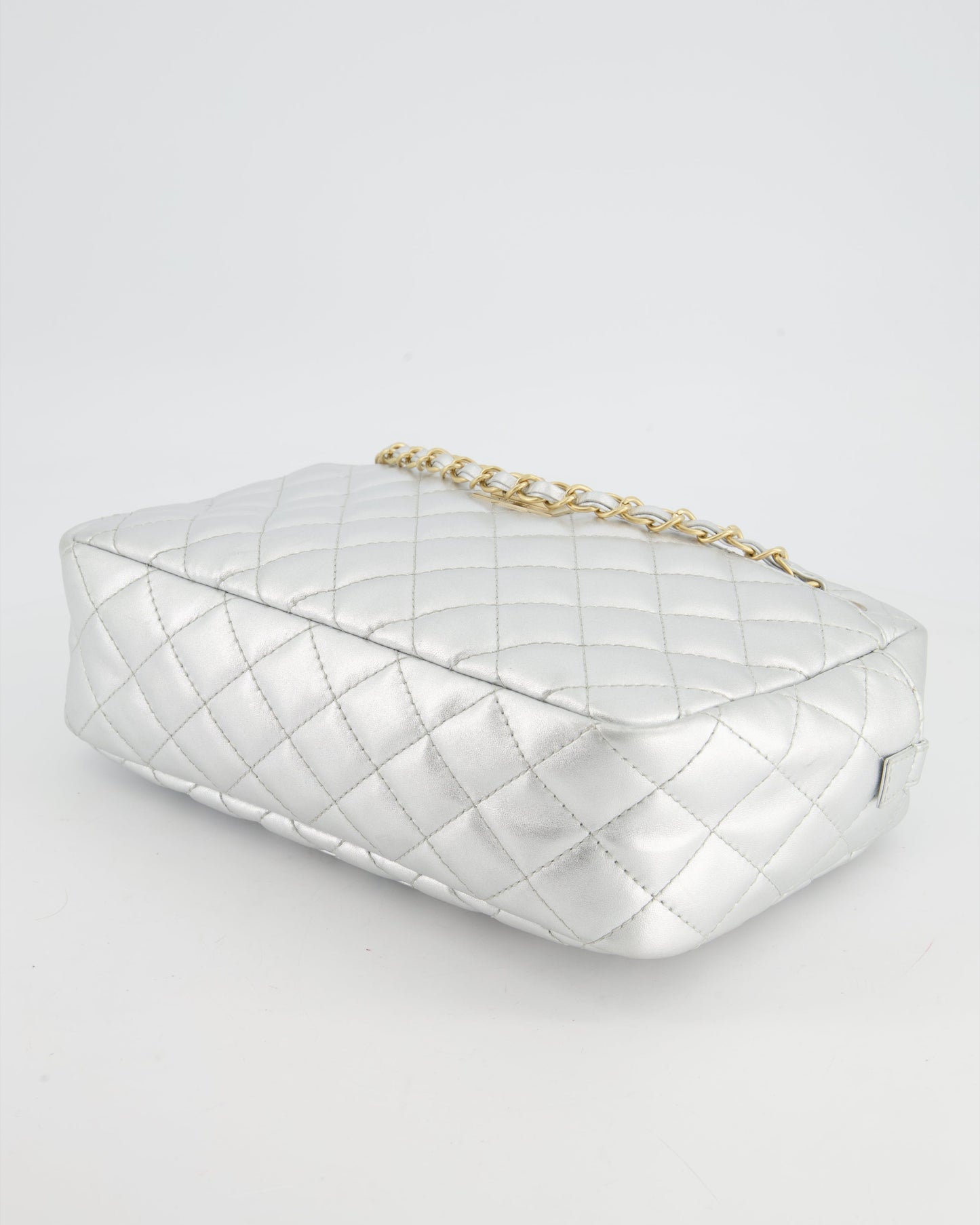 Chanel Metallic Silver Camera Bag in Lambskin With Brushed Gold Hardware