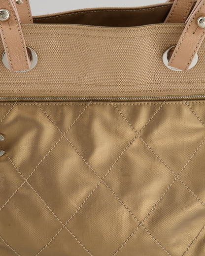 Chanel Vintage Bronze Canvas Shopper Tote Bag with Silver Hardware