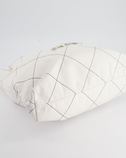 Chanel 22 Bag in White Aged Calfskin with Silver Hardware and Contrast Stitch Detail