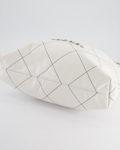 Chanel 22 Bag in White Aged Calfskin with Silver Hardware and Contrast Stitch Detail
