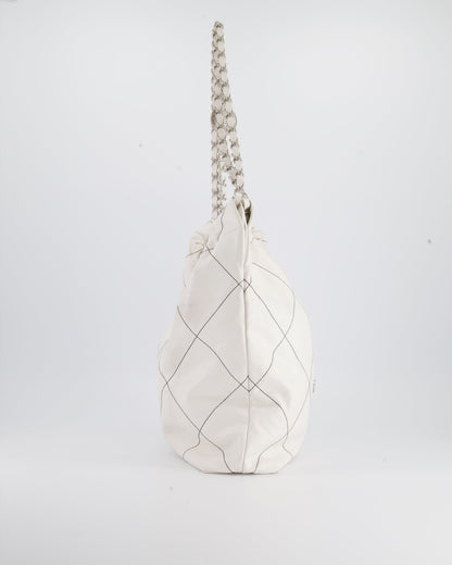 Chanel 22 Bag in White Aged Calfskin with Silver Hardware and Contrast Stitch Detail