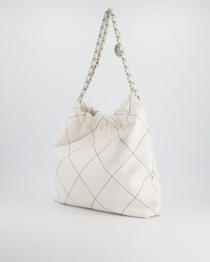Chanel 22 Bag in White Aged Calfskin with Silver Hardware and Contrast Stitch Detail