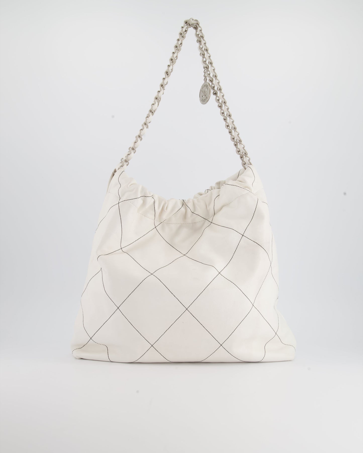 Chanel 22 Bag in White Aged Calfskin with Silver Hardware and Contrast Stitch Detail