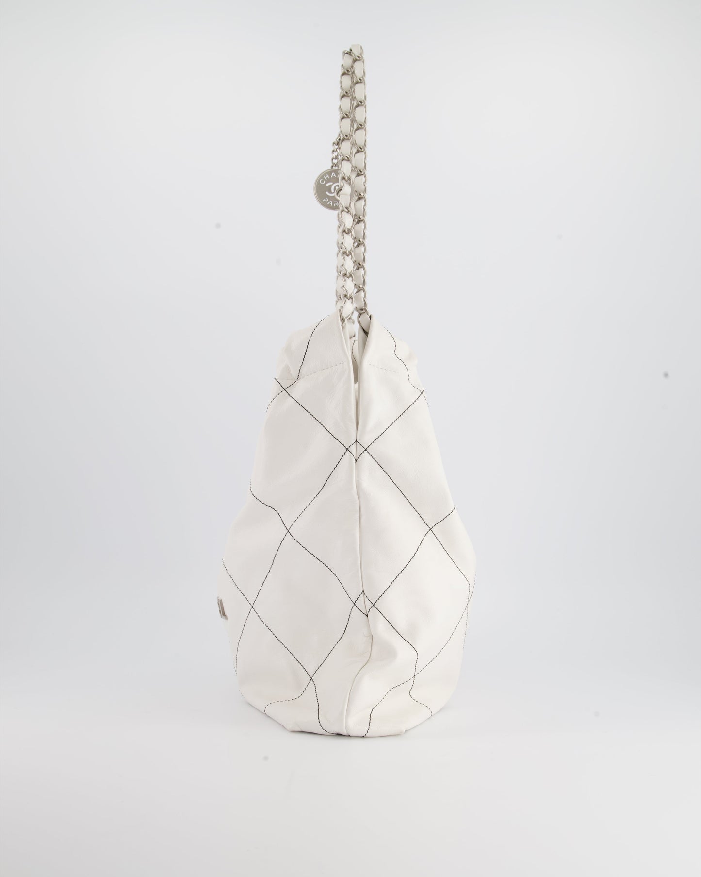 Chanel 22 Bag in White Aged Calfskin with Silver Hardware and Contrast Stitch Detail