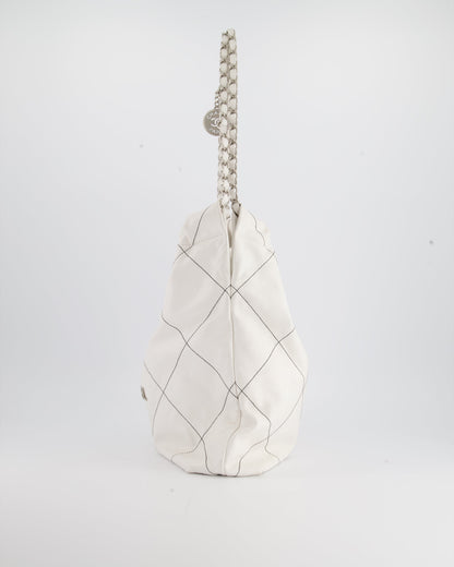 Chanel 22 Bag in White Aged Calfskin with Silver Hardware and Contrast Stitch Detail