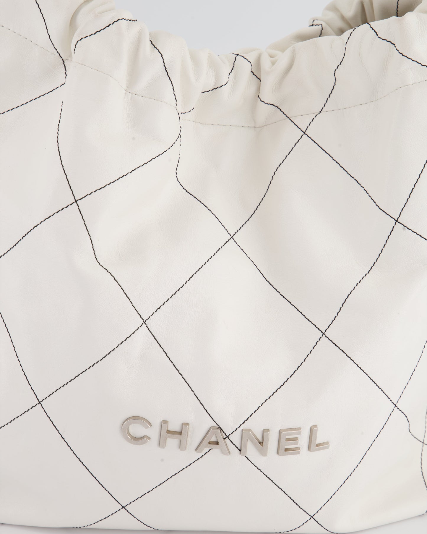 Chanel 22 Bag in White Aged Calfskin with Silver Hardware and Contrast Stitch Detail