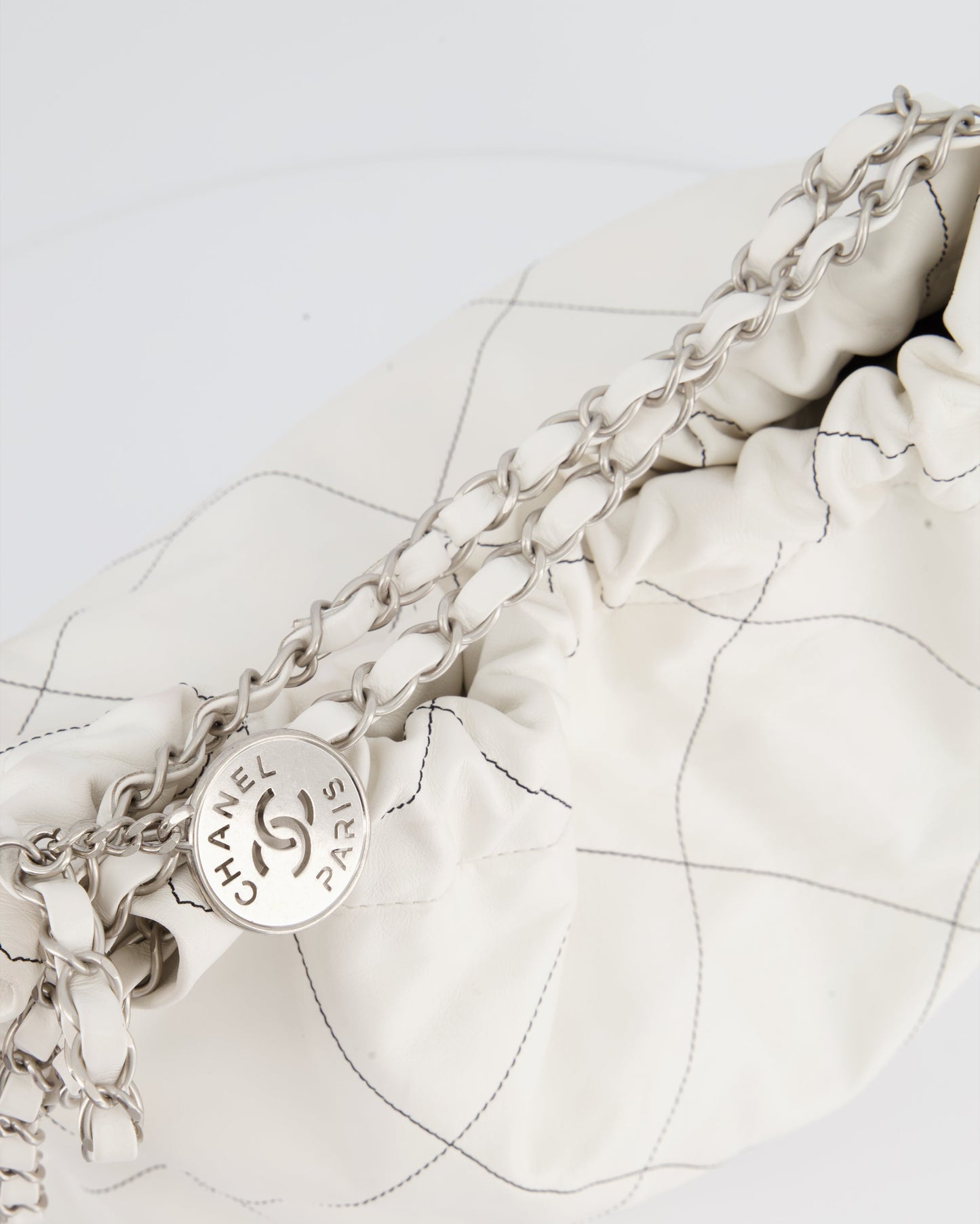 Chanel 22 Bag in White Aged Calfskin with Silver Hardware and Contrast Stitch Detail