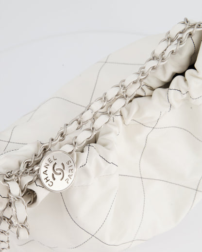 Chanel 22 Bag in White Aged Calfskin with Silver Hardware and Contrast Stitch Detail