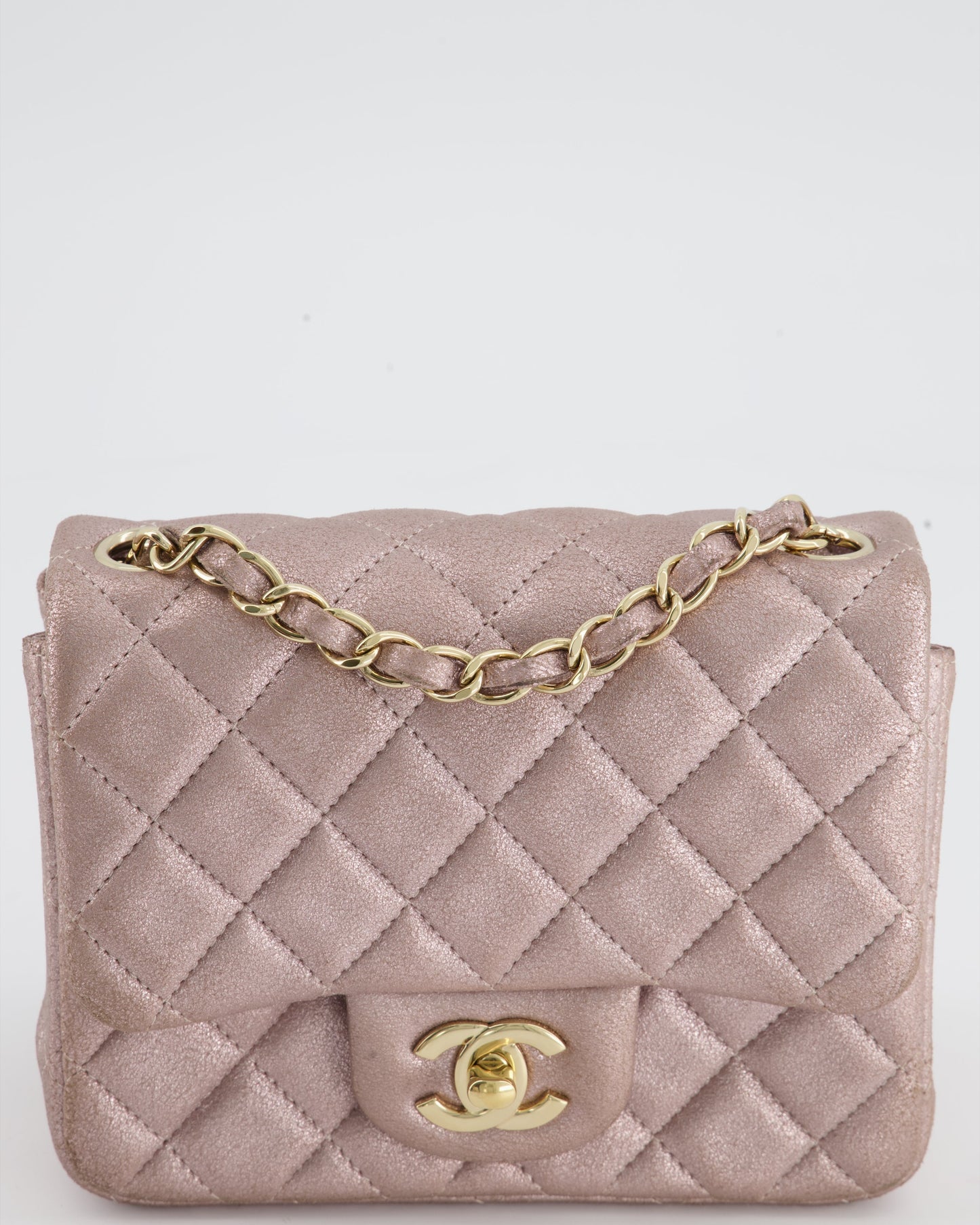 Chanel Metallic Rose Gold Mini Square Flap Bag in Coated Calfskin with Champagne Gold Hardware