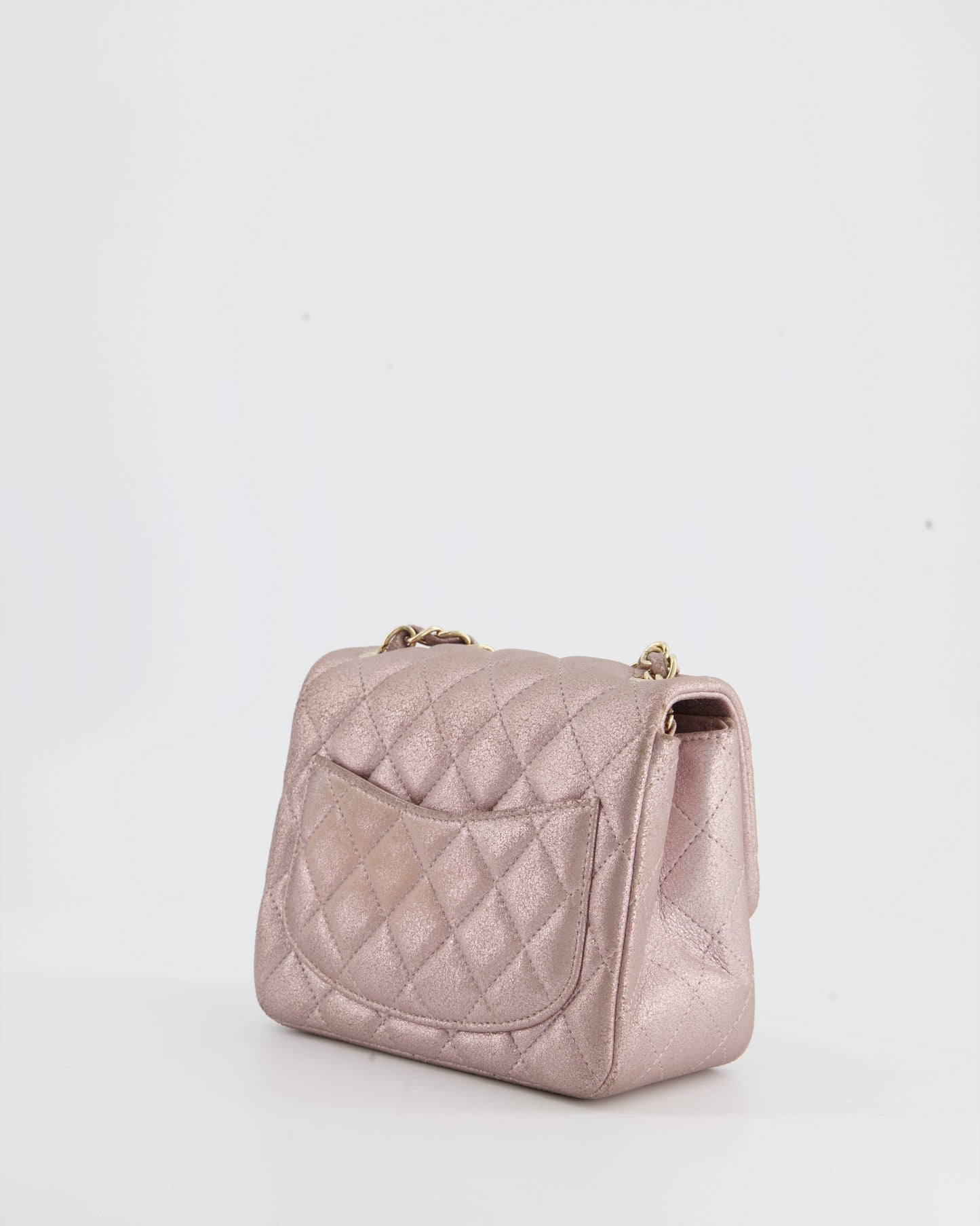 Chanel Metallic Rose Gold Mini Square Flap Bag in Coated Calfskin with Champagne Gold Hardware