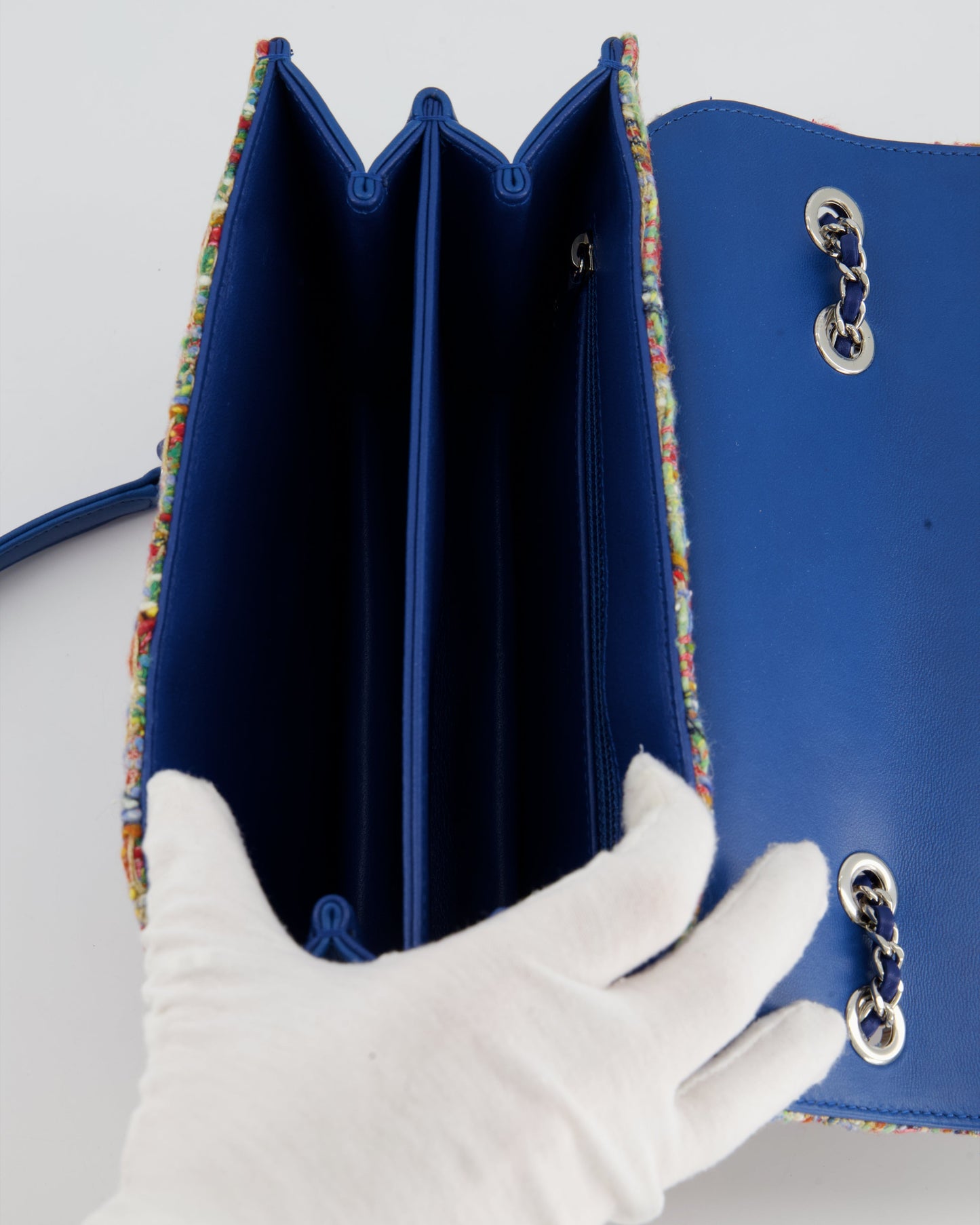 Chanel Multi-Colour Tweed Flap Bag with Electric Blue Lambskin Detail and Silver Hardware