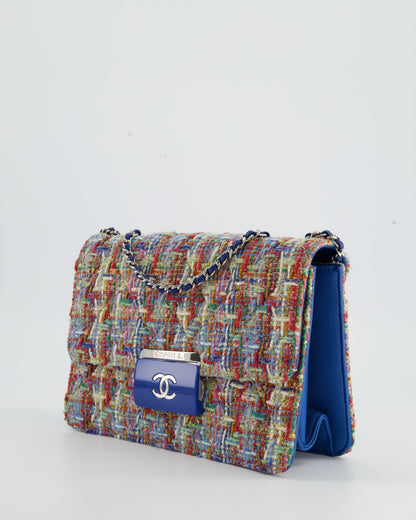 Chanel Multi-Colour Tweed Flap Bag with Electric Blue Lambskin Detail and Silver Hardware