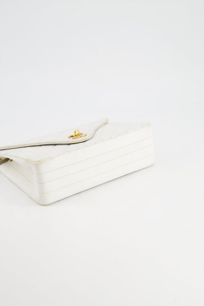 Chanel Vintage White Quilted Lambskin Single Flap Bag with 24k Gold Hardware