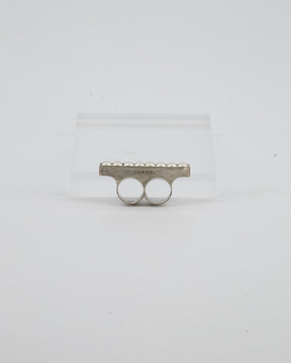 Chanel Double Pearl Ring with Silver Hardware