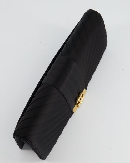 Chanel Black Satin Long-Line Clutch Bag with Brushed Gold Hardware and CC Detail
