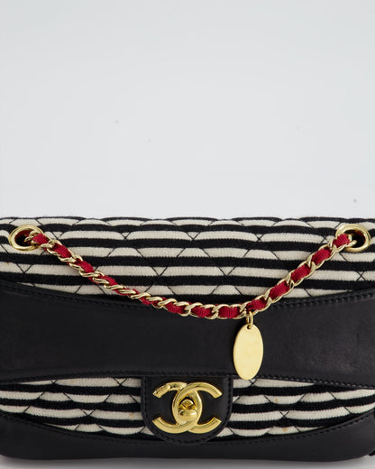 Chanel Black and White Mini Rectangular Jersey Single Flap Bag with Red Chain Detail and Gold Hardware